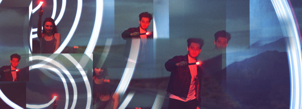 A composite image of a teenager boy and teenager girl holding torches with red lights. Photo by Dylan Evans Photography